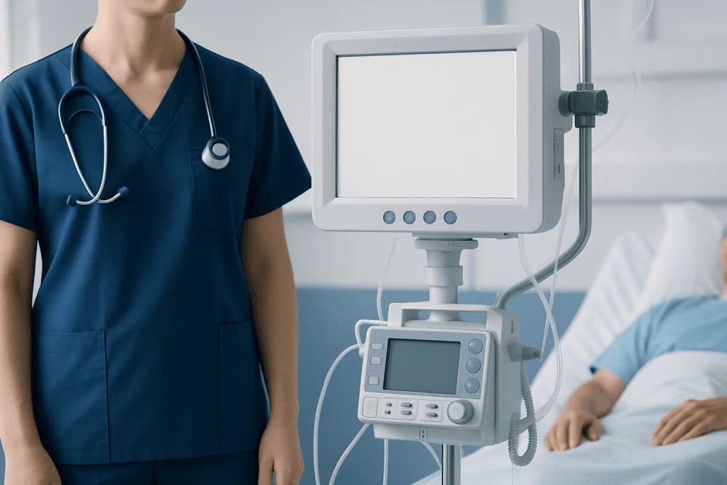 Medical professional in scrubs beside patient monitor in hospital room.