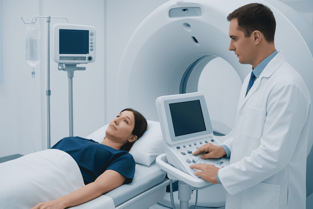 Medical professional operating MRI machine during patient scan at Acibadem Hospital.