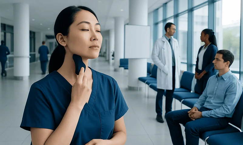 Healthcare professional performing lymphatic drainage with Gua Sha tool in hospital.