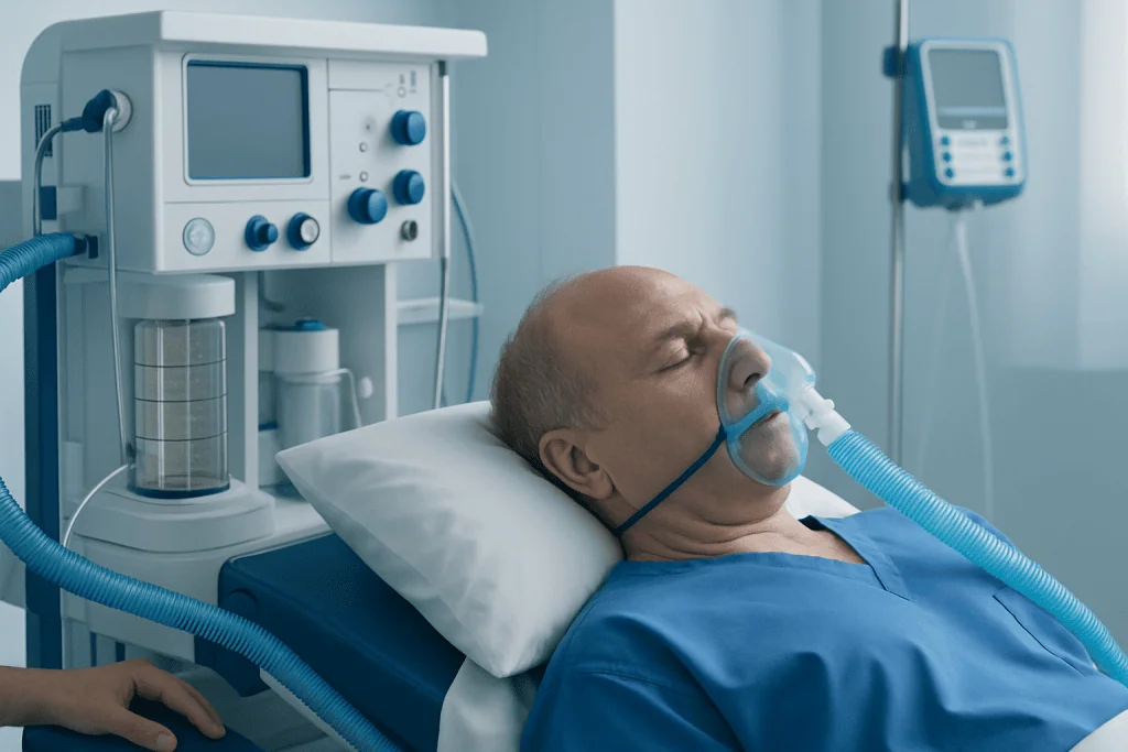 Patient on ventilator in hospital ICU with medical equipment.
