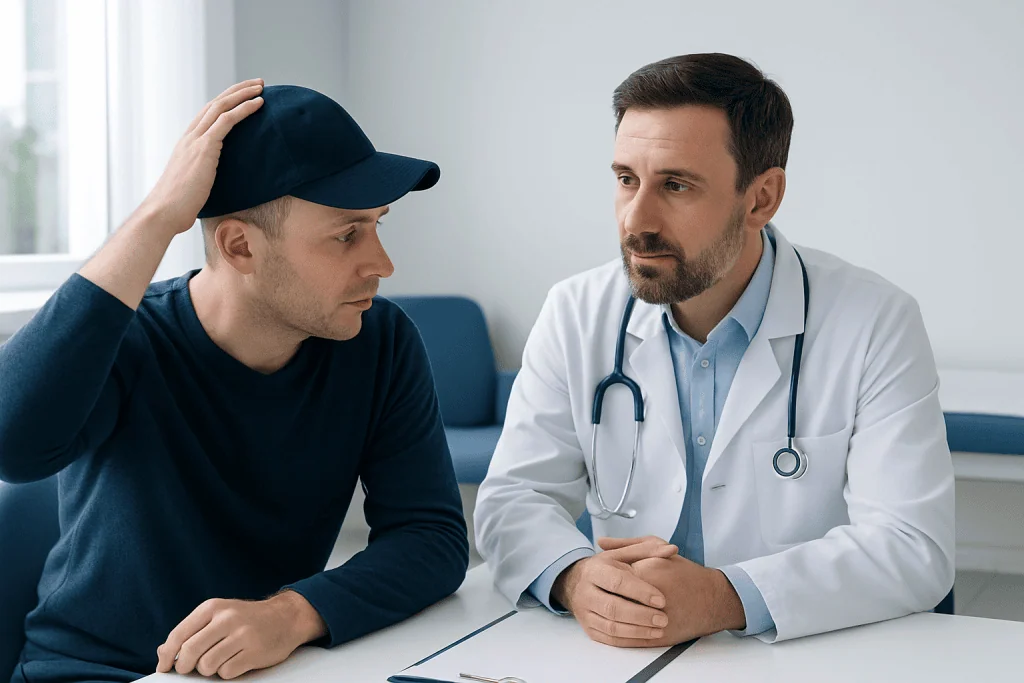 Doctor consulting with a young man about hair loss concerns in a clinic setting.