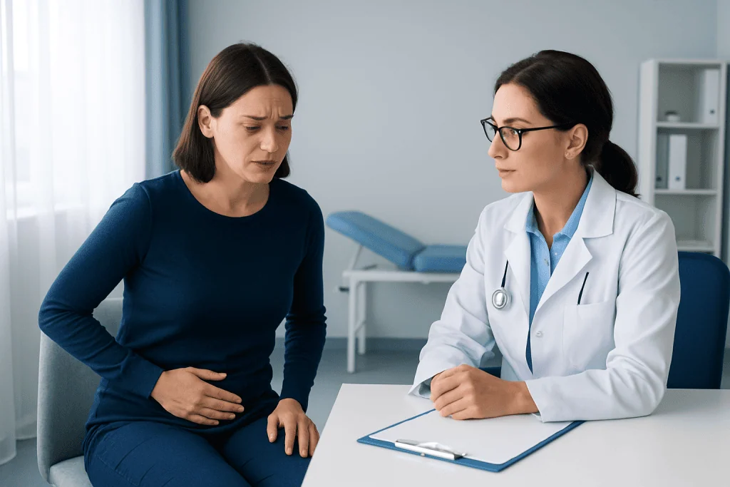 Woman with abdominal pain consulting a doctor in a clinic setting.