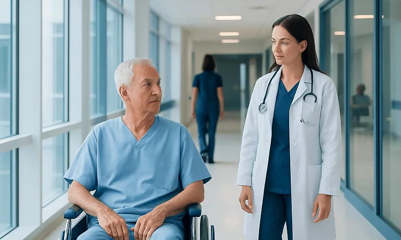 Patient in wheelchair talking to female doctor in hospital corridor.