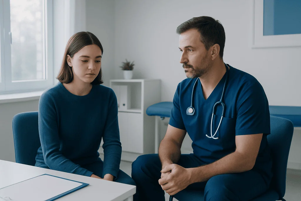 Doctor consulting with a young female patient in a medical office.