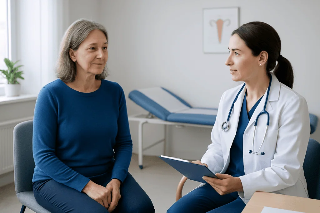 Doctor consulting with a middle-aged woman in a medical office setting.