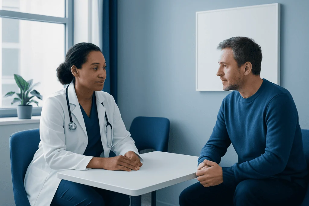Doctor consulting with male patient in a medical office.