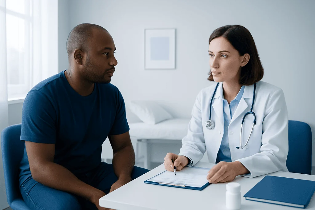 Doctor consulting with patient in a medical office setting.