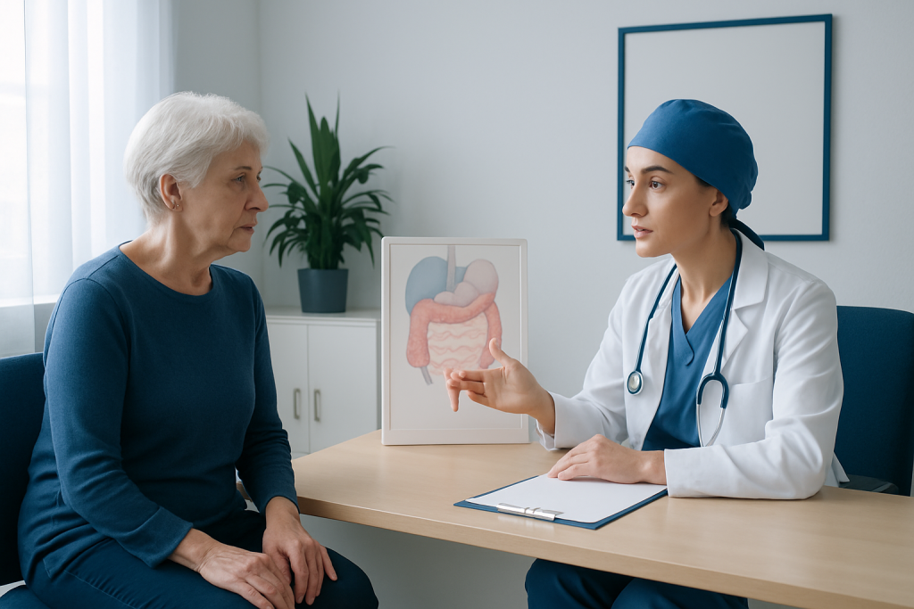 Doctor explaining gastrointestinal health to elderly woman in consultation room.