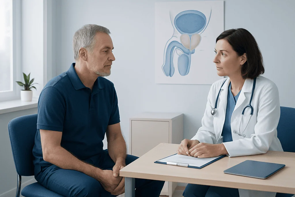 Urologist consulting with a patient about prostate health in a medical office.