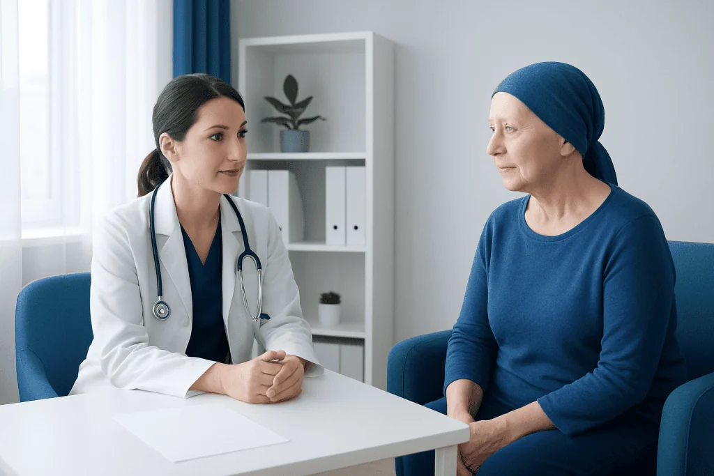 Doctor consulting with an elderly patient in a medical office.