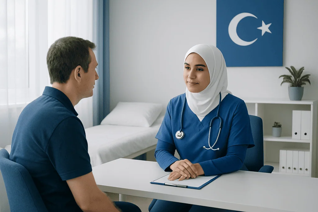 Doctor consulting with patient in hospital room at Acibadem Hospitals Group.