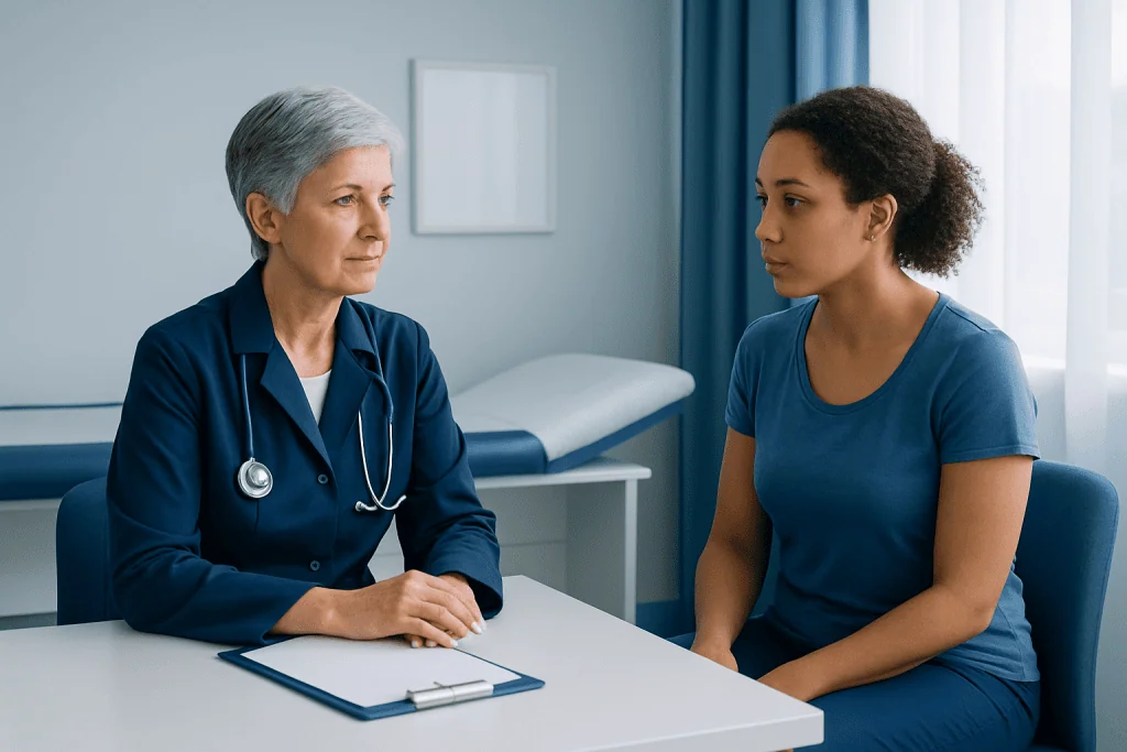 Doctor consulting with a patient in a medical office setting.