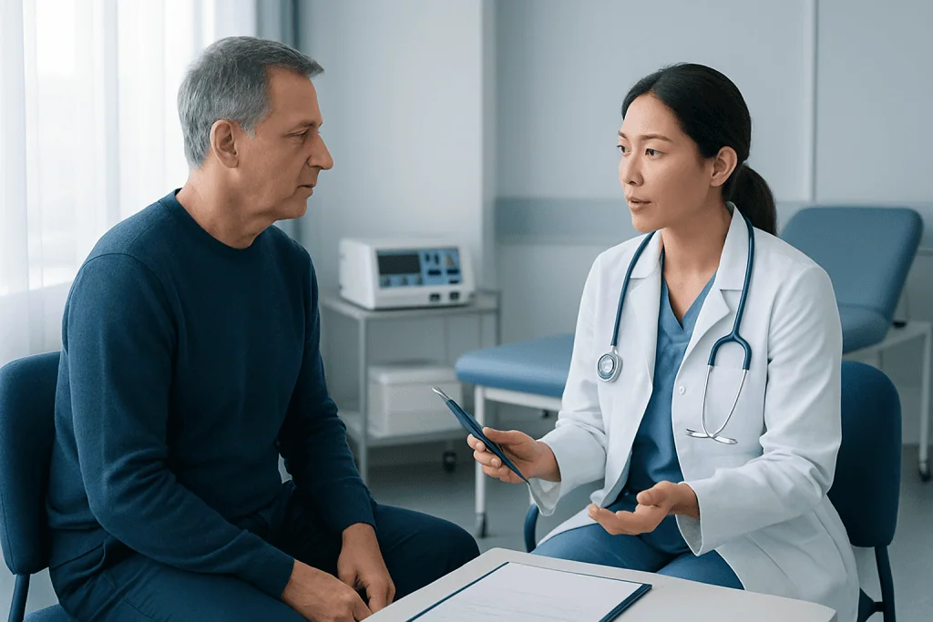 Doctor consulting with a patient in a medical office setting.