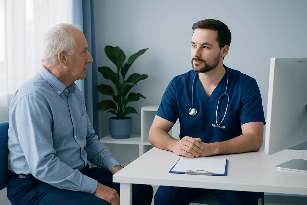 Doctor consulting with an elderly male patient in a medical office.