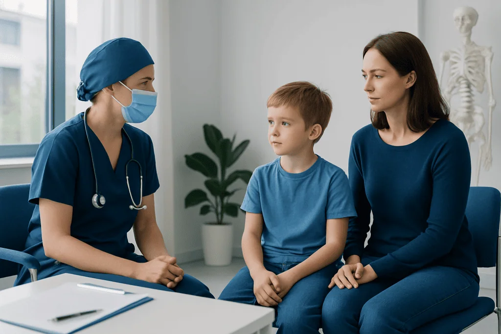 Pediatric consultation with a healthcare professional and mother in a hospital setting.