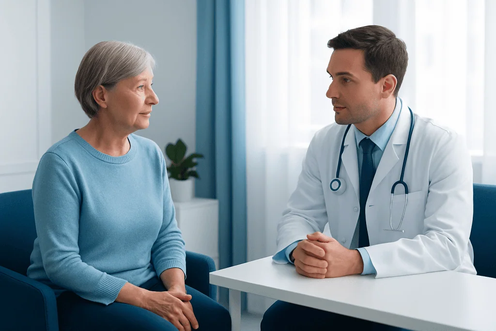 Doctor consulting with an elderly female patient in a hospital room.