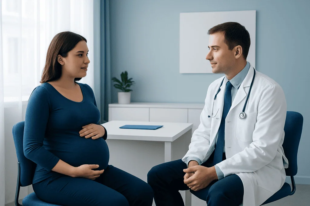 Pregnant woman consulting with a doctor in a medical office.