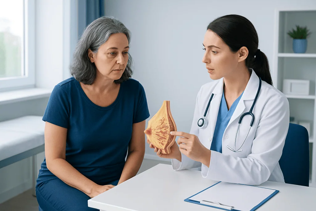 Doctor explaining breast anatomy to a patient in a consultation room.