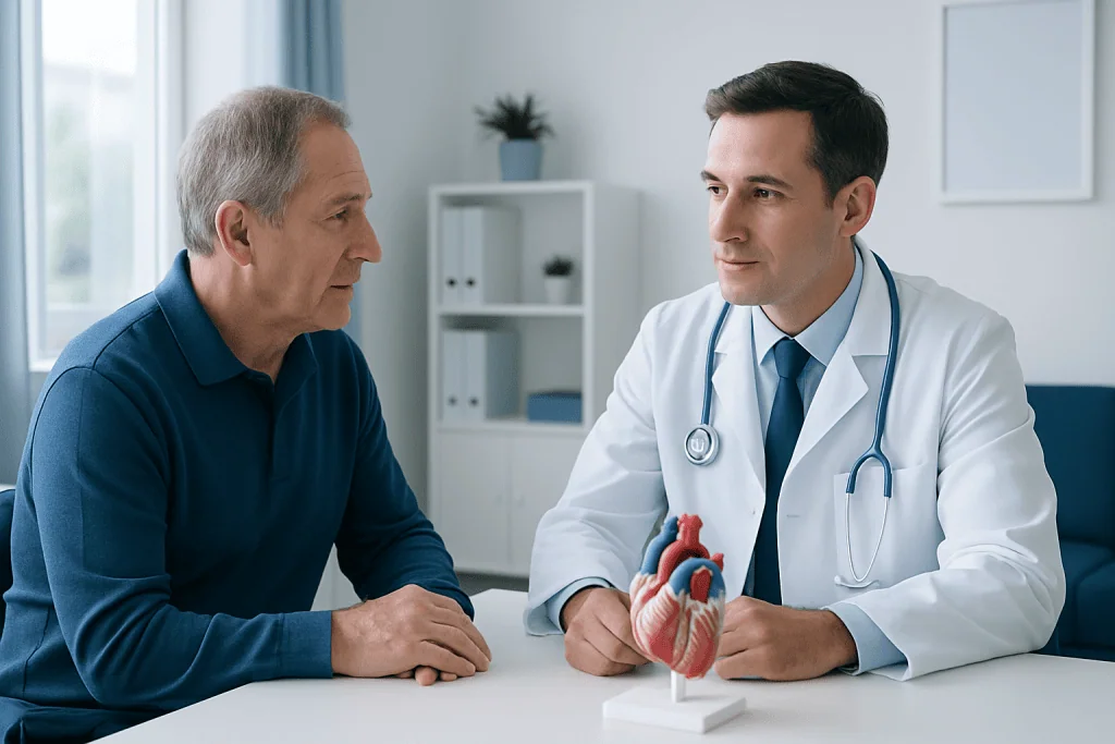 Cardiologist discussing heart health with an elderly patient in a clinic.