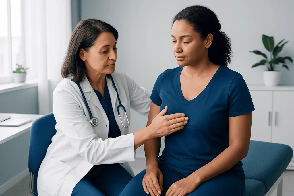 Doctor examining a woman's breast during a clinical consultation.