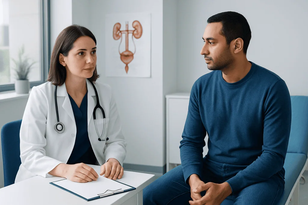 Doctor consulting male patient in a medical office with anatomy diagram.