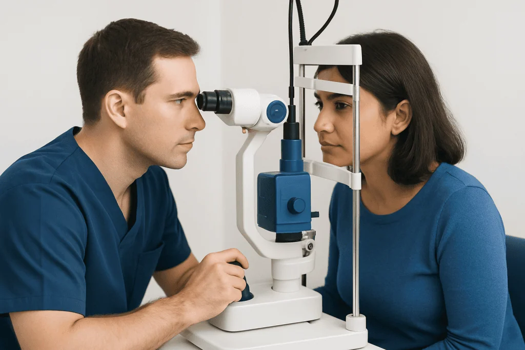 An optometrist performing a retinal examination on a patient using a slit lamp — children's eye health check-up at Acibadem