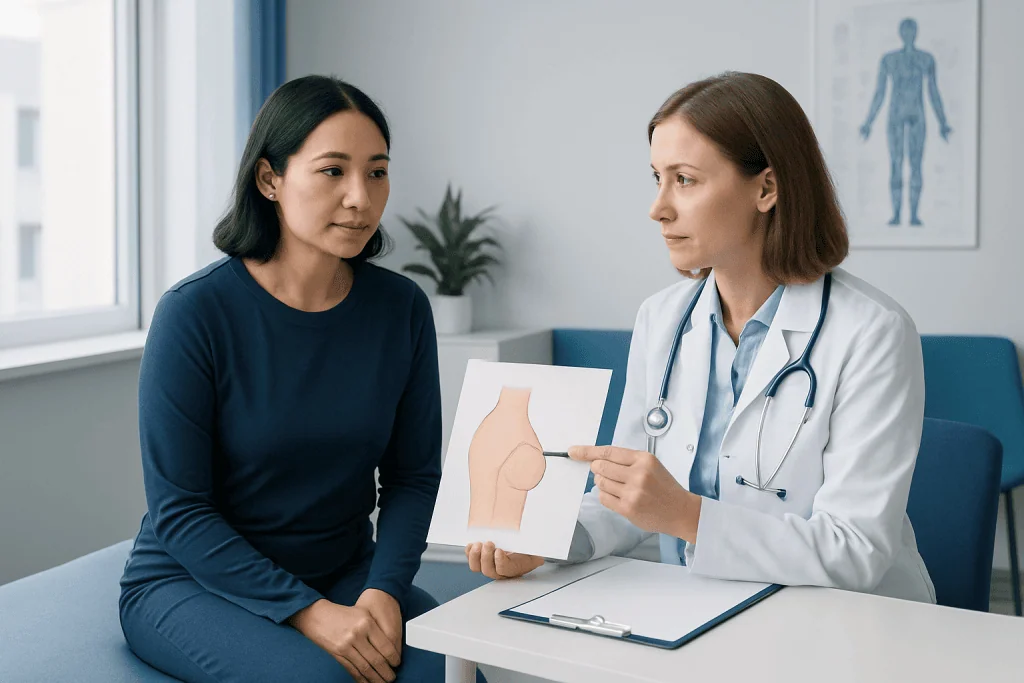 Doctor explaining breast surgery to patient in a consultation room.