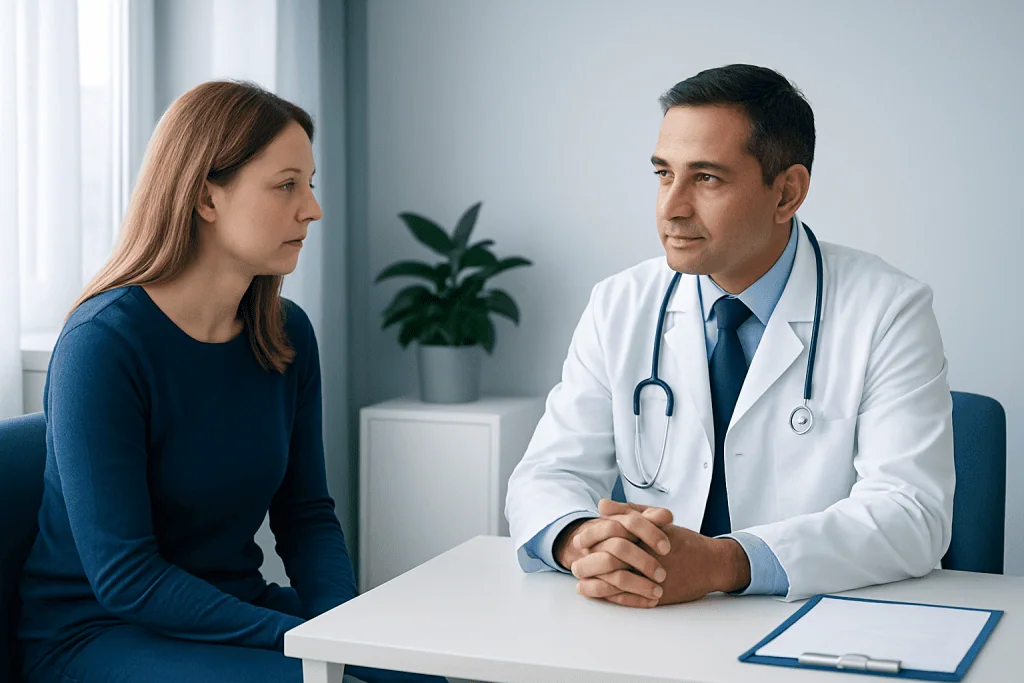 Doctor consulting with a female patient in a medical office.