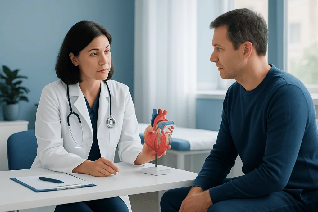 Doctor explaining heart anatomy to patient in consultation room.