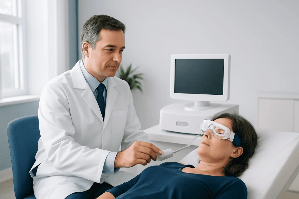 Ophthalmologist performing eye exam with advanced equipment on patient.