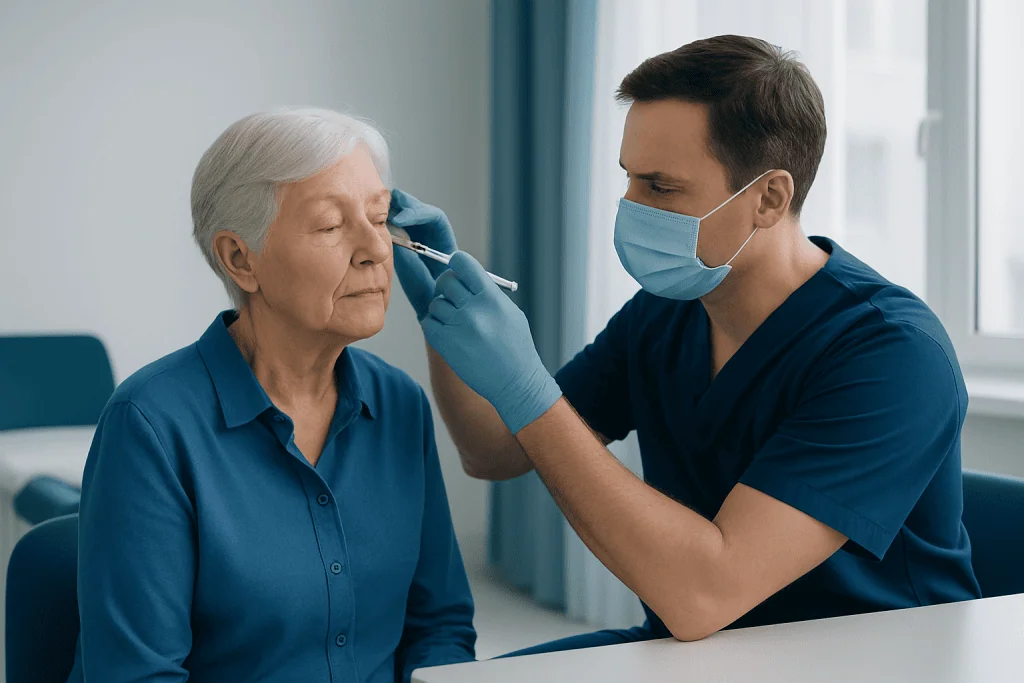 Doctor administering eye injection to elderly woman in clinic setting.