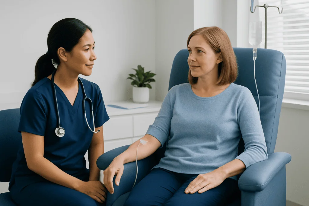 Patient receiving monoclonal antibody treatment in a hospital room.