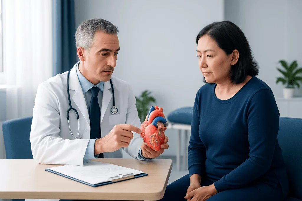 Doctor explaining heart anatomy to a patient in a consultation room.
