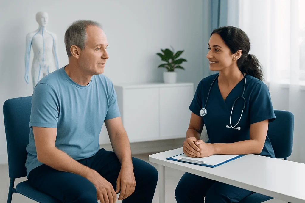 Doctor consulting with patient in a medical office setting.