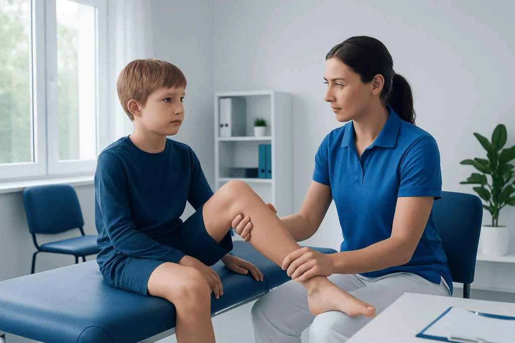 Pediatric physiotherapy session for femoral anteversion treatment at Acibadem Hospital.