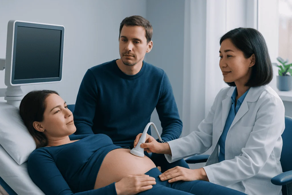 Ultrasound examination of pregnant woman in hospital room.