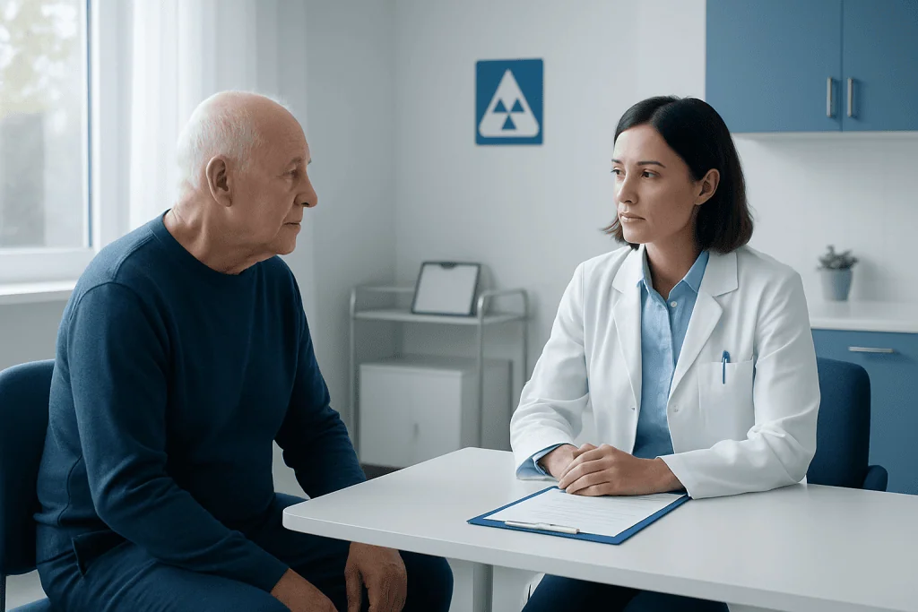 Doctor consulting with elderly patient in a medical office setting.