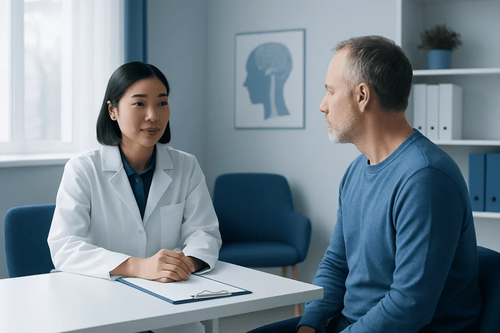 Doctor consulting with a patient in a medical office setting.