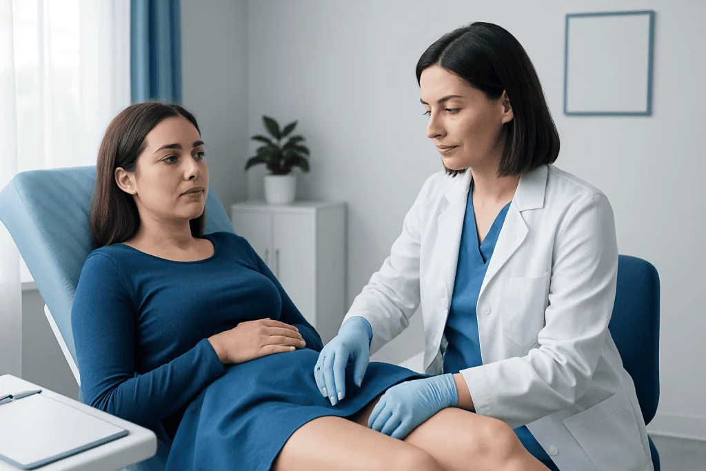 Doctor performing rectovaginal exam on patient in clinic setting.