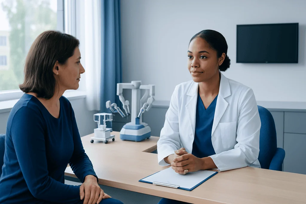Doctor consulting with patient in a modern hospital room.
