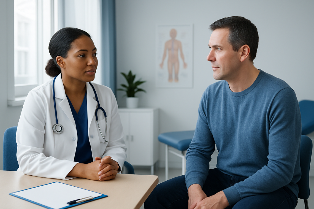 Doctor consulting with male patient in a medical office setting.