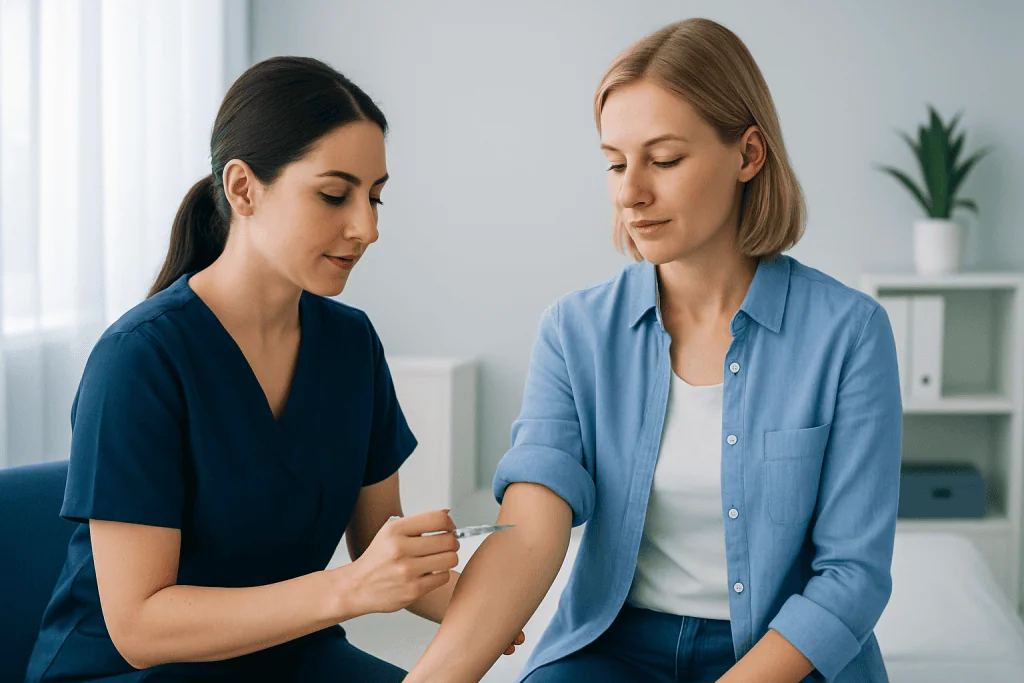 Medical professional administering injection to patient in clinic setting.
