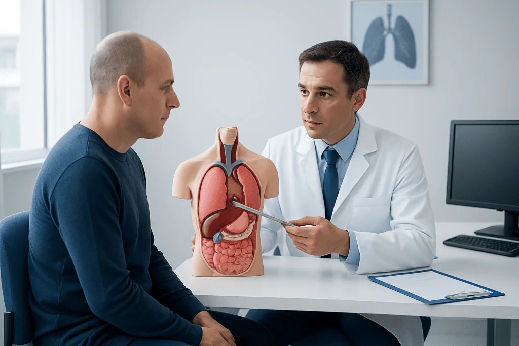 Doctor explaining lung anatomy to patient during consultation at Acibadem Hospital.