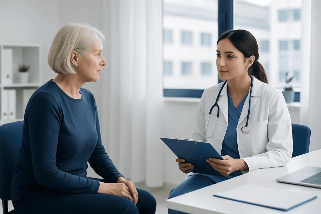 Doctor consulting with an elderly woman in a medical office.