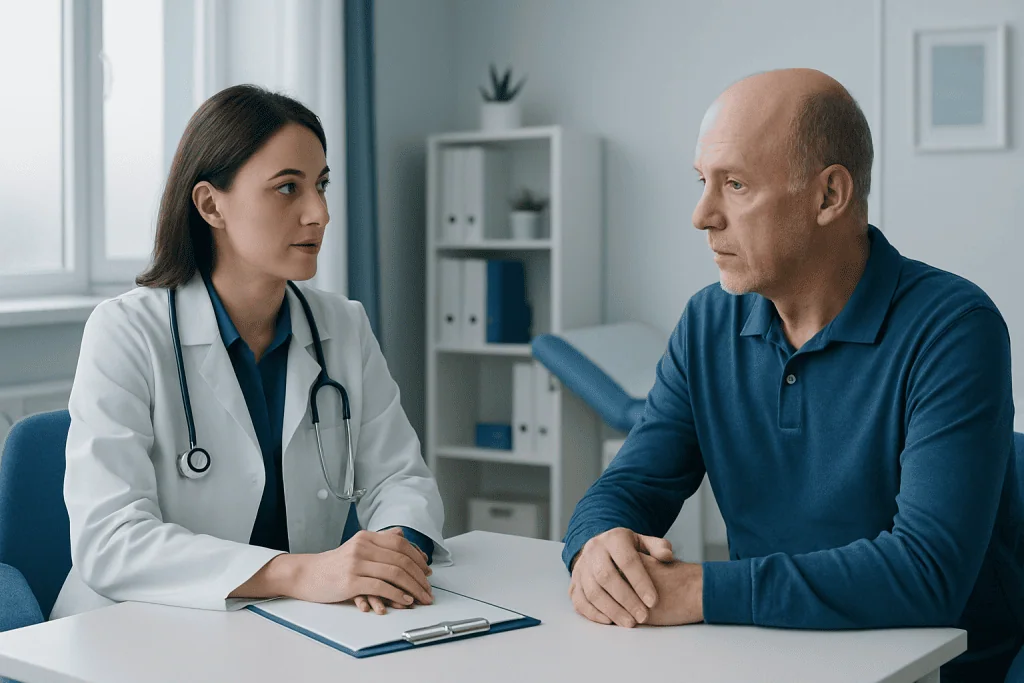 Doctor consulting with patient in a medical office setting.