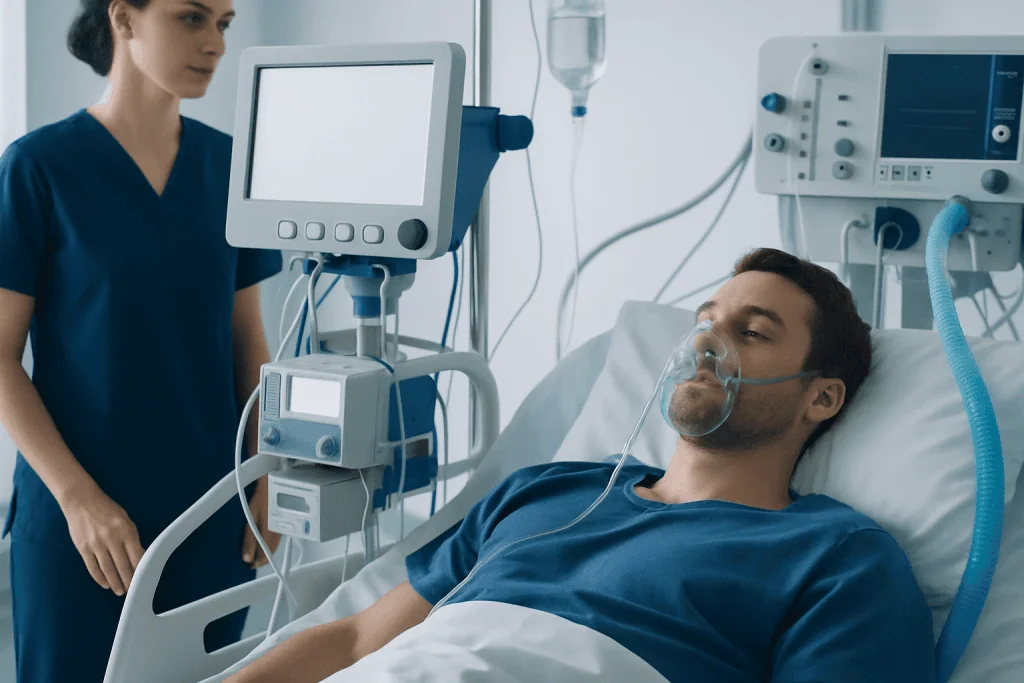 Patient in hospital bed with medical monitor and healthcare professional nearby.