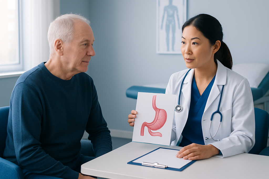 Doctor explaining stomach anatomy to patient in a consultation room.
