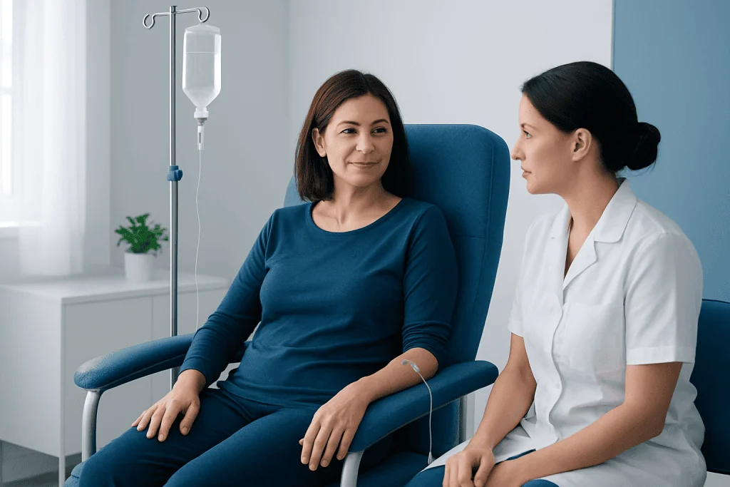 Patient receiving IV therapy in a hospital setting at Acibadem Hospitals Group.