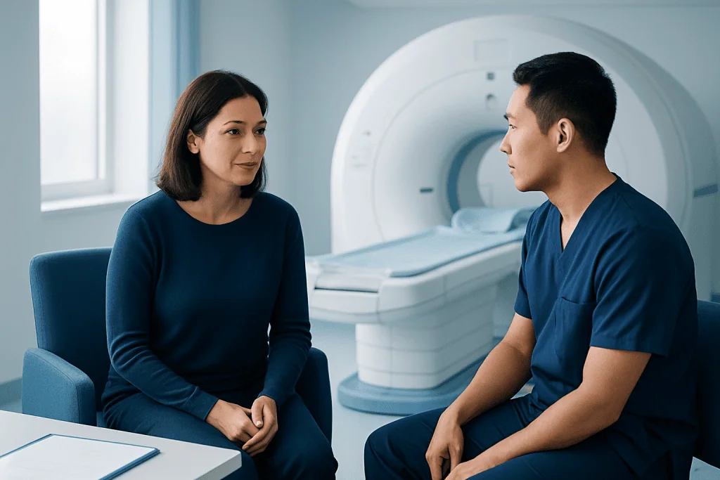 Patient consulting with radiologist before MRI scan at Acibadem Hospital.