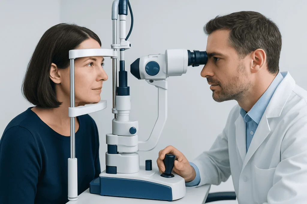 Oculoplastic specialist examining patient with slit lamp in clinic.